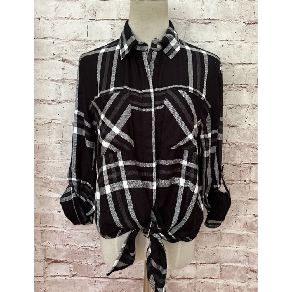 Sim & Sam Shirt Black Plaid Button Up Tie Front Roll Tab Long Sleeve Size M NEW